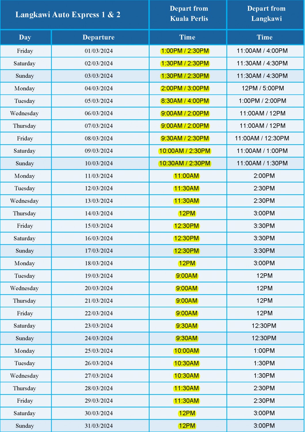 March 2018 Schedule LANGKAWI AUTO EXPRESS 2